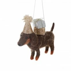 Christmas Wool Dachshund With Party Hat Hanging Ornament