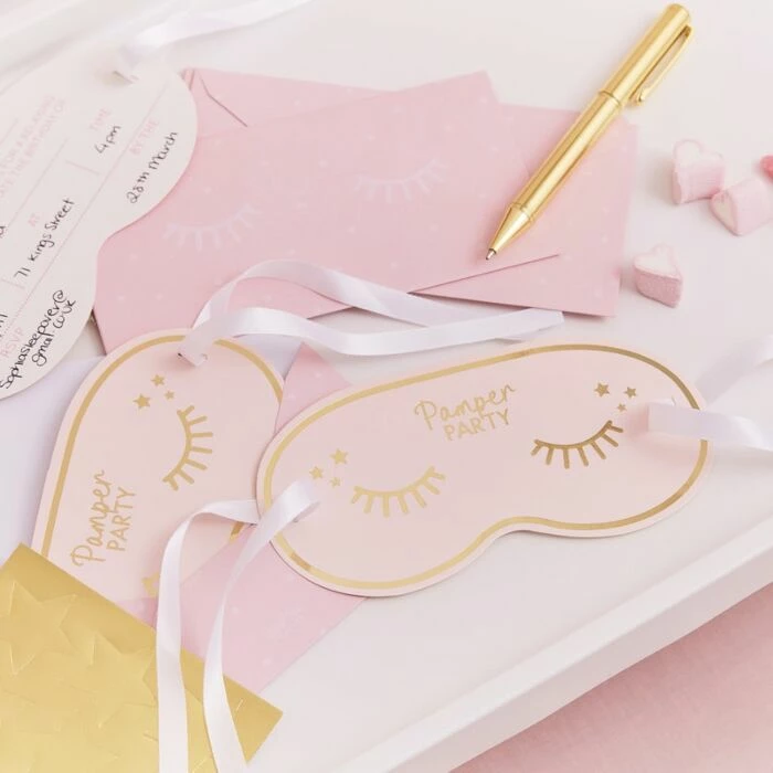 Ohitsperfect Stationery Gold Foiled Eye Mask Shaped Pamper Party Invitations 3 Ohitsperfect Stationery Gold Foiled Eye Mask Shaped Pamper Party Invitations