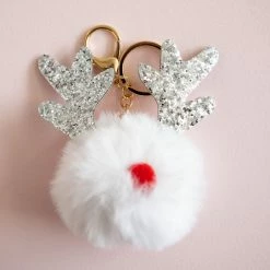 Ohitsperfect Christmas Elk Pom Pom Glitter Key Ring